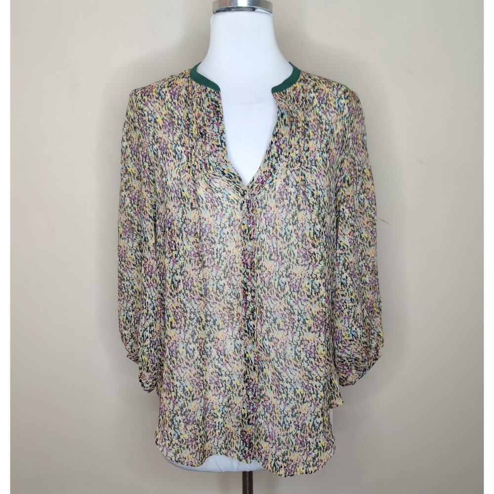 FEI Silk Blouse Button Up Abstract Floral Sheer Chiffon